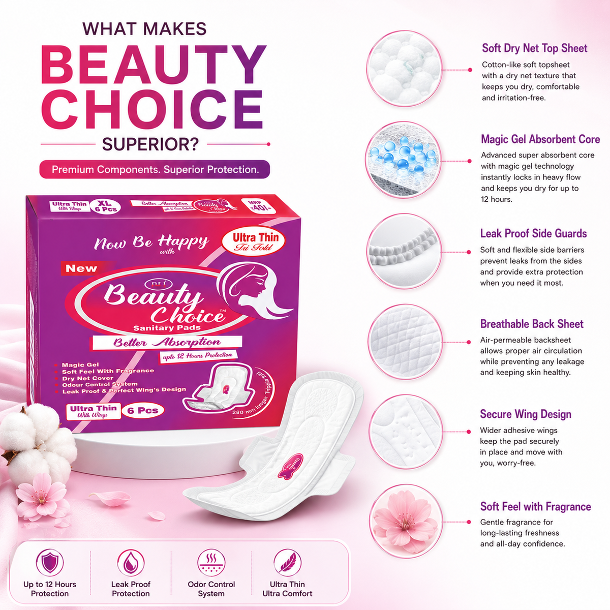 Beauty Choice Ultra Thin Sanitary Pads Extra Large 280mm with Wings | Dry Net Cover | Soft Feel with Fragrance | Odor Control System | Leak Proof | Up to 12 Hours Protection | Pack of 6 Pads