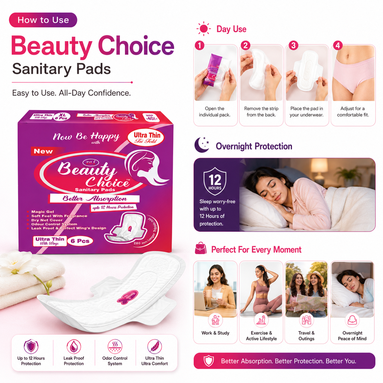 Beauty Choice Ultra Thin Sanitary Pads Extra Large 280mm with Wings | Dry Net Cover | Soft Feel with Fragrance | Odor Control System | Leak Proof | Up to 12 Hours Protection | Pack of 6 Pads