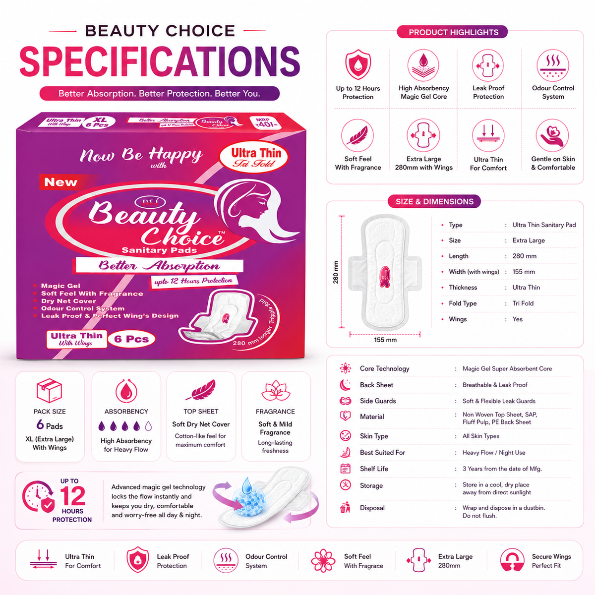 Beauty Choice Ultra Thin Sanitary Pads Extra Large 280mm with Wings | Dry Net Cover | Soft Feel with Fragrance | Odor Control System | Leak Proof | Up to 12 Hours Protection | Pack of 6 Pads