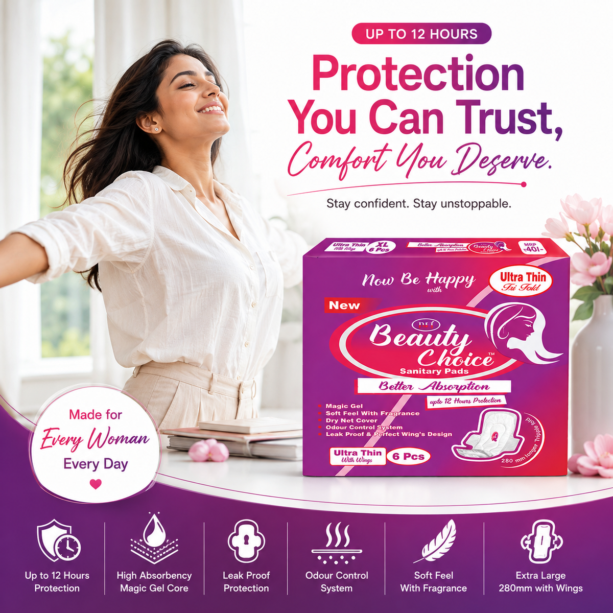 Beauty Choice Ultra Thin Sanitary Pads Extra Large 280mm with Wings | Dry Net Cover | Soft Feel with Fragrance | Odor Control System | Leak Proof | Up to 12 Hours Protection | Pack of 6 Pads