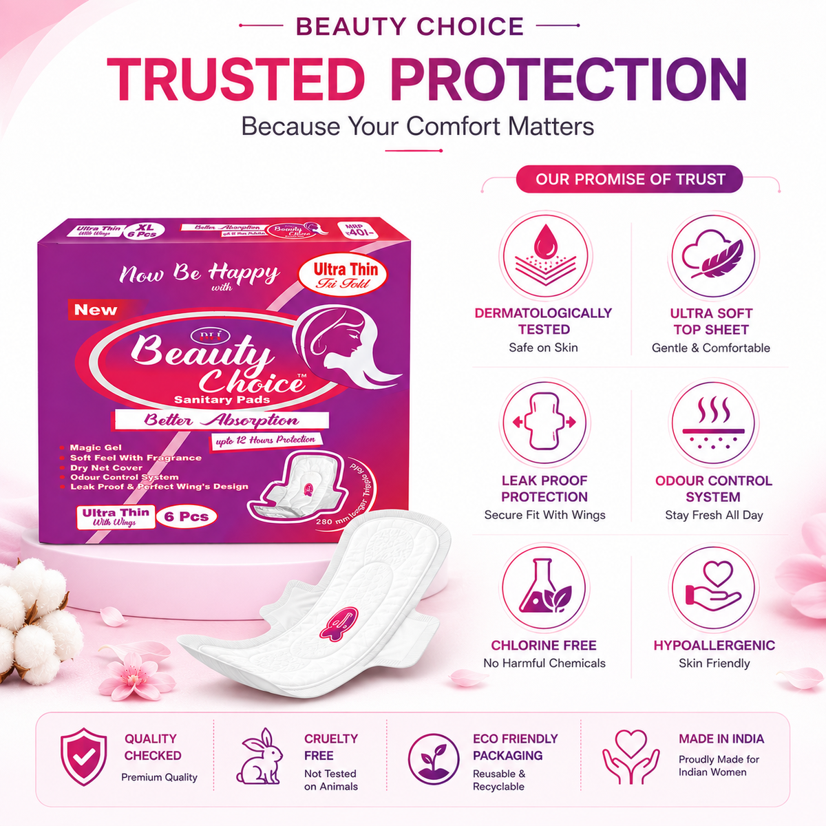 Beauty Choice Ultra Thin Sanitary Pads Extra Large 280mm with Wings | Dry Net Cover | Soft Feel with Fragrance | Odor Control System | Leak Proof | Up to 12 Hours Protection | Pack of 6 Pads