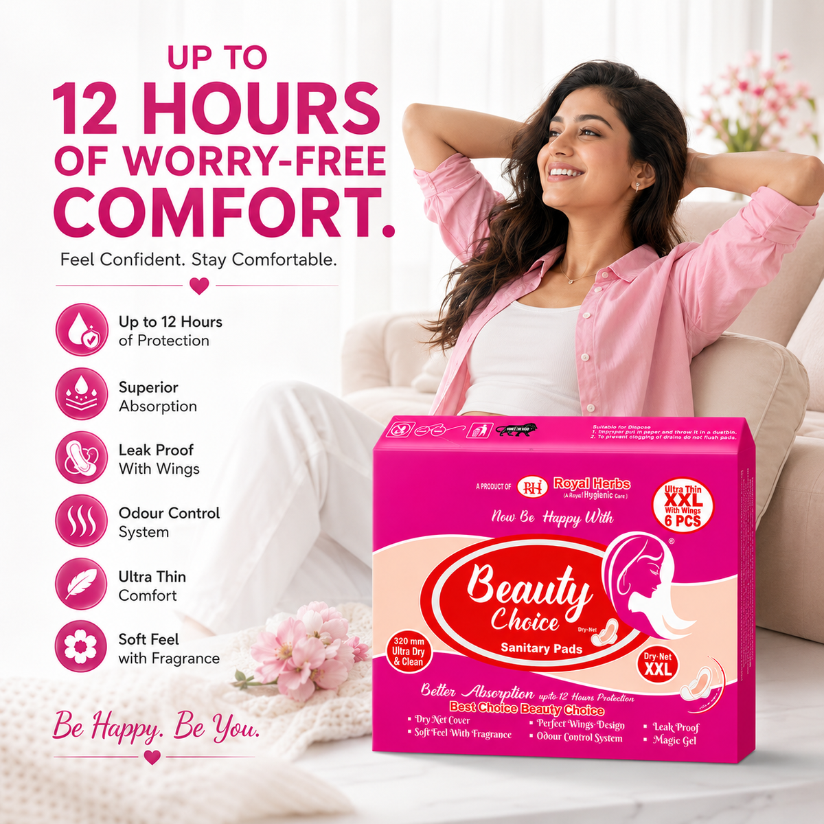 Beauty Choice Ultra Thin Sanitary Pads XXL 320mm with Wings | Dry Net Cover | Soft Feel with Fragrance | Odor Control System | Leak Proof | Up to 12 Hours Protection | Pack of 6 Pads