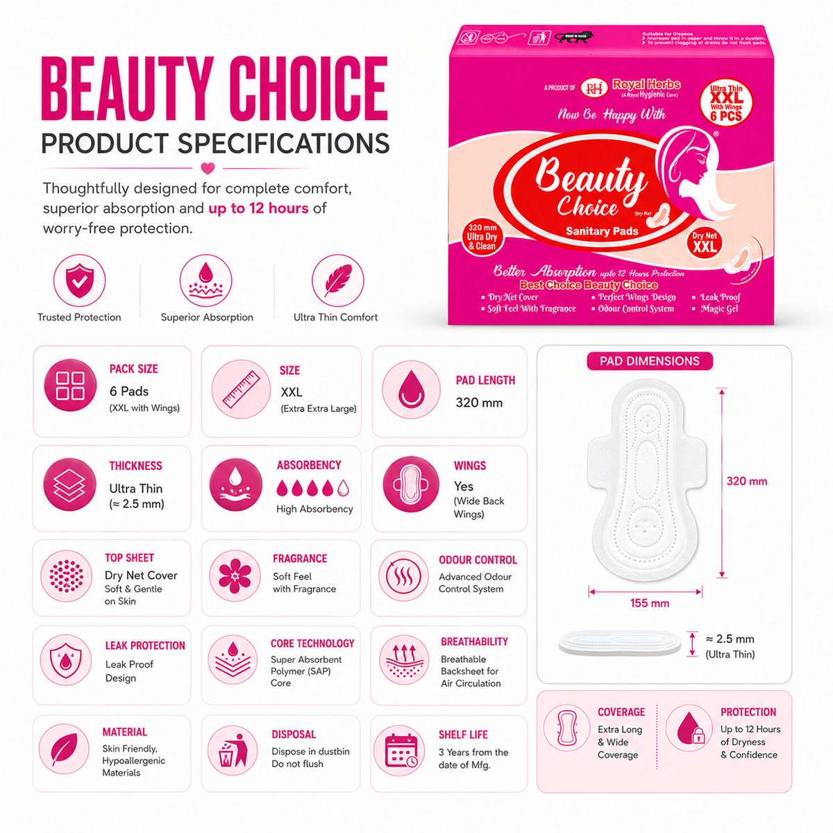 Beauty Choice Ultra Thin Sanitary Pads XXL 320mm with Wings | Dry Net Cover | Soft Feel with Fragrance | Odor Control System | Leak Proof | Up to 12 Hours Protection | Pack of 6 Pads