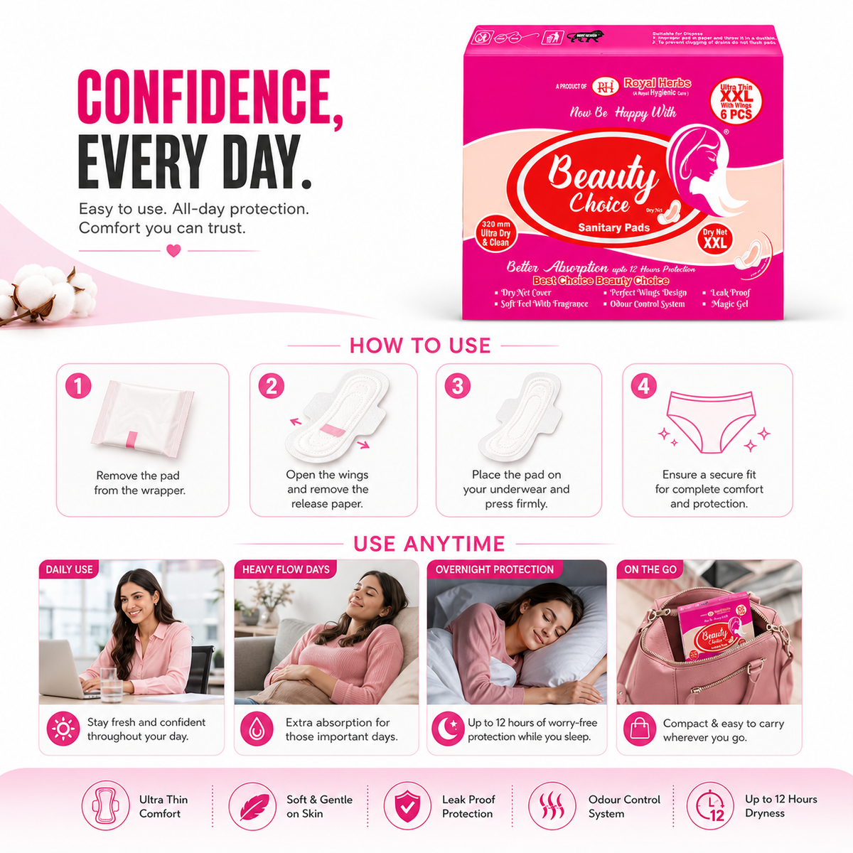 Beauty Choice Ultra Thin Sanitary Pads XXL 320mm with Wings | Dry Net Cover | Soft Feel with Fragrance | Odor Control System | Leak Proof | Up to 12 Hours Protection | Pack of 6 Pads