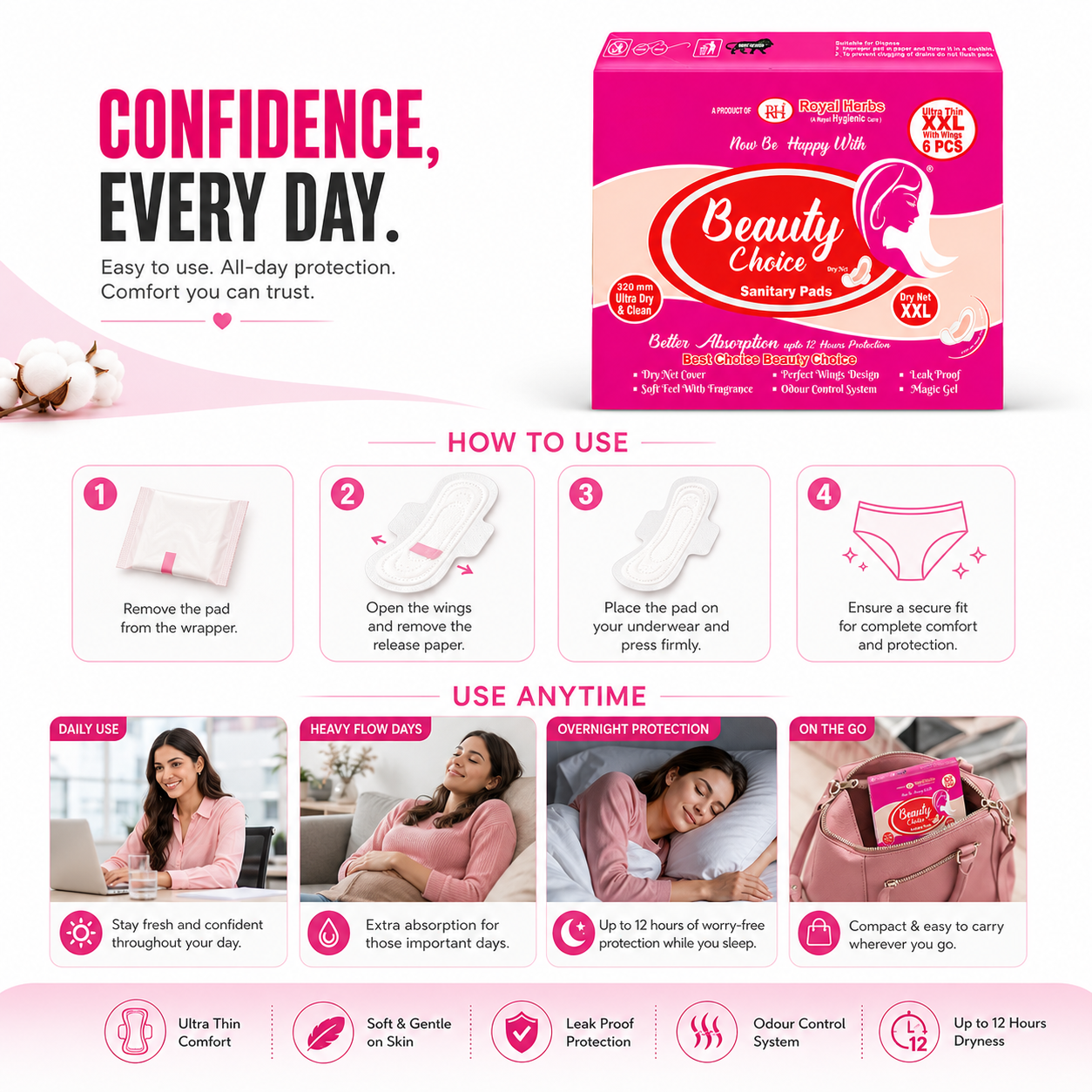 Beauty Choice Ultra Thin Sanitary Pads XXL 320mm with Wings | Dry Net Cover | Soft Feel with Fragrance | Odor Control System | Leak Proof | Up to 12 Hours Protection | Pack of 6 Pads