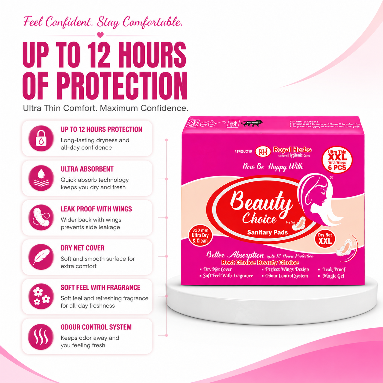 Beauty Choice Ultra Thin Sanitary Pads XXL 320mm with Wings | Dry Net Cover | Soft Feel with Fragrance | Odor Control System | Leak Proof | Up to 12 Hours Protection | Pack of 6 Pads