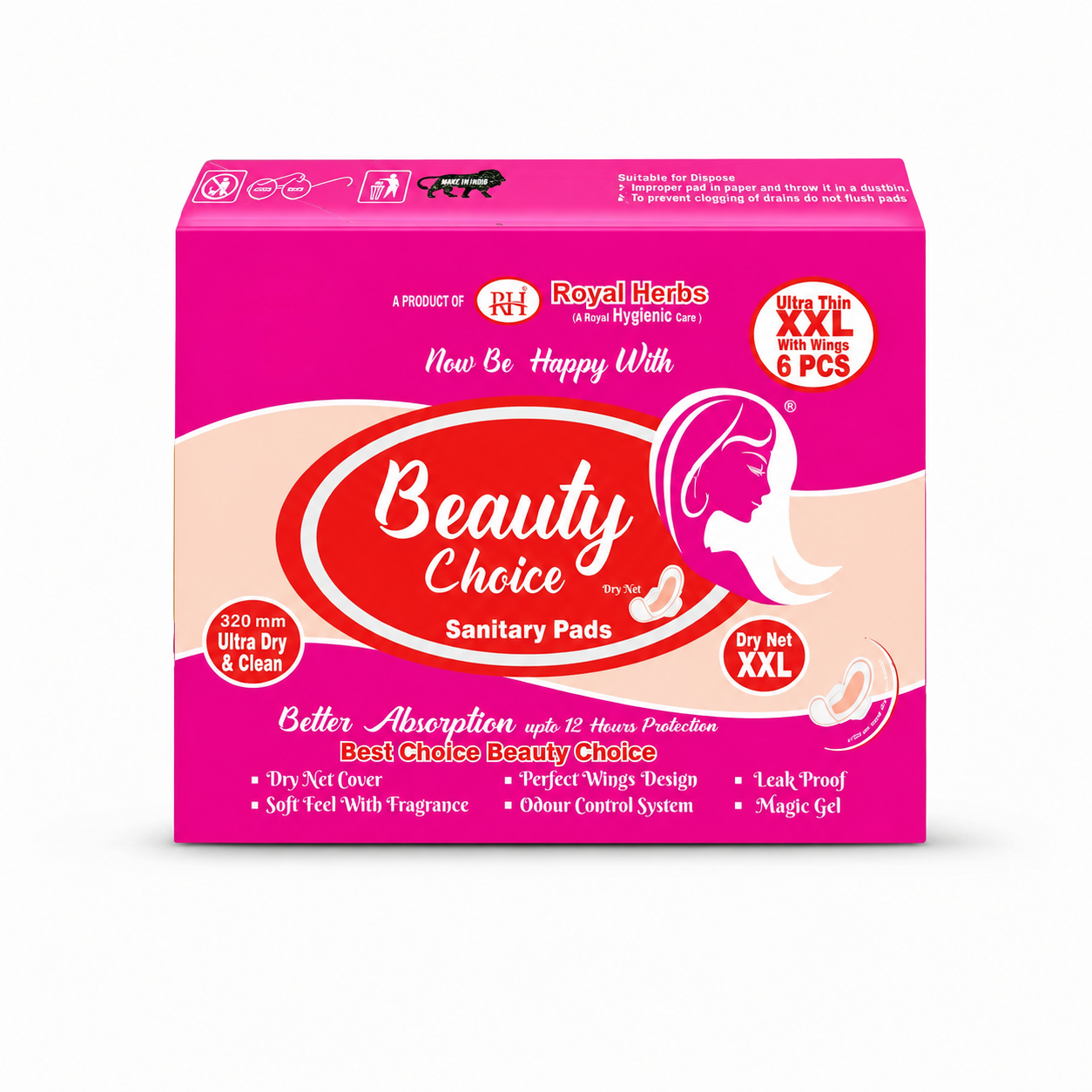 Beauty Choice Ultra Thin Sanitary Pads XXL 320mm with Wings | Dry Net Cover | Soft Feel with Fragrance | Odor Control System | Leak Proof | Up to 12 Hours Protection | Pack of 6 Pads