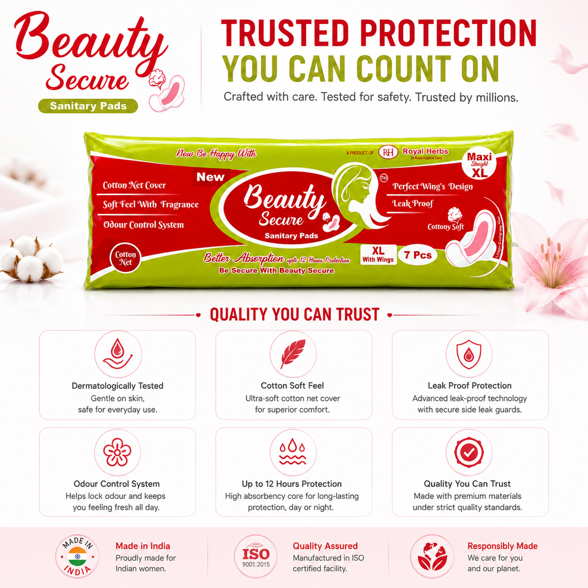 BeautySecure Sanitary Pads Maxi Straight Extra Large 280mm with Wings | Cotton Net Cover | Soft Feel with Fragrance | Odor Control System | Leak Proof | Up to 12 Hours Protection | Pack of 7 Pads