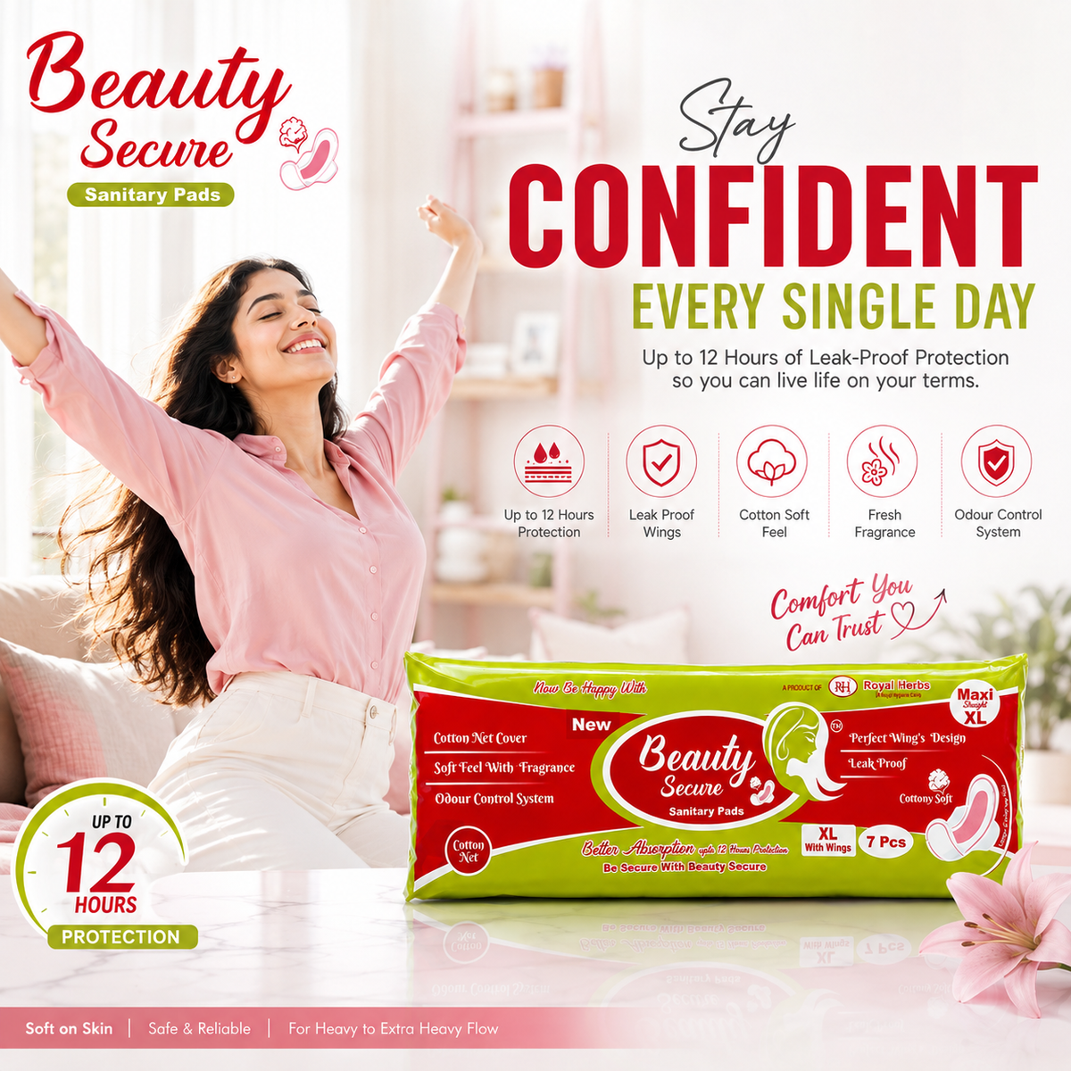 BeautySecure Sanitary Pads Maxi Straight Extra Large 280mm with Wings | Cotton Net Cover | Soft Feel with Fragrance | Odor Control System | Leak Proof | Up to 12 Hours Protection | Pack of 7 Pads