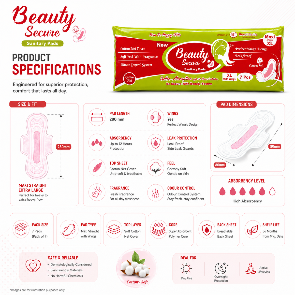 BeautySecure Sanitary Pads Maxi Straight Extra Large 280mm with Wings | Cotton Net Cover | Soft Feel with Fragrance | Odor Control System | Leak Proof | Up to 12 Hours Protection | Pack of 7 Pads