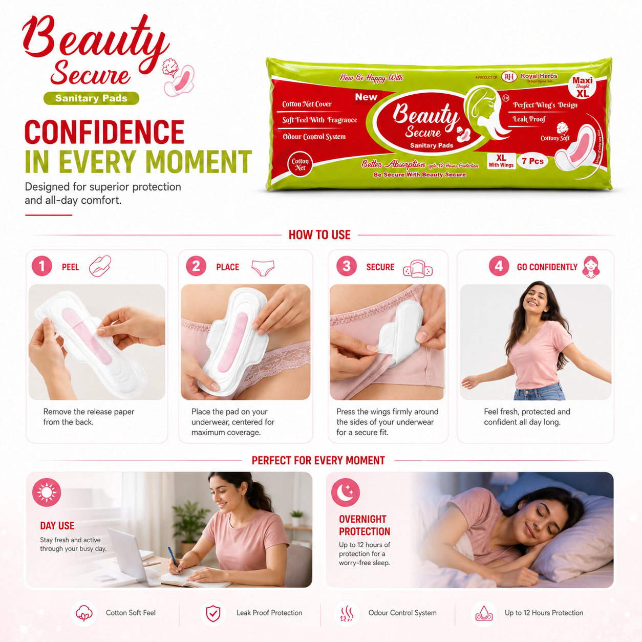 BeautySecure Sanitary Pads Maxi Straight Extra Large 280mm with Wings | Cotton Net Cover | Soft Feel with Fragrance | Odor Control System | Leak Proof | Up to 12 Hours Protection | Pack of 7 Pads
