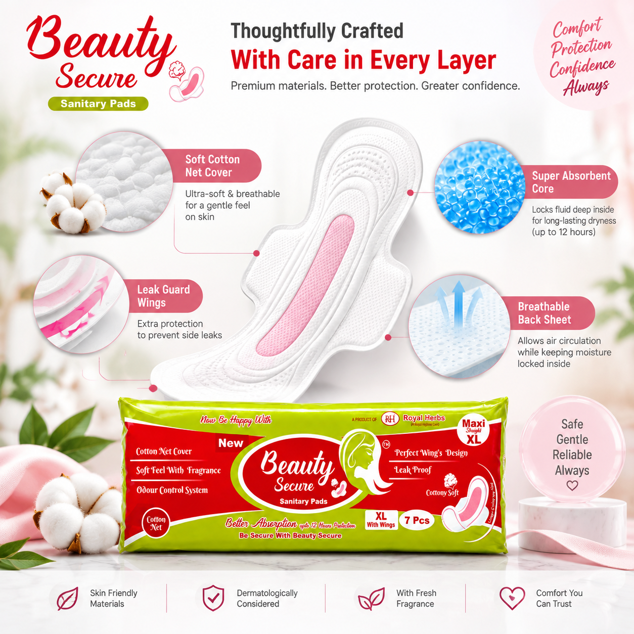 BeautySecure Sanitary Pads Maxi Straight Extra Large 280mm with Wings | Cotton Net Cover | Soft Feel with Fragrance | Odor Control System | Leak Proof | Up to 12 Hours Protection | Pack of 7 Pads