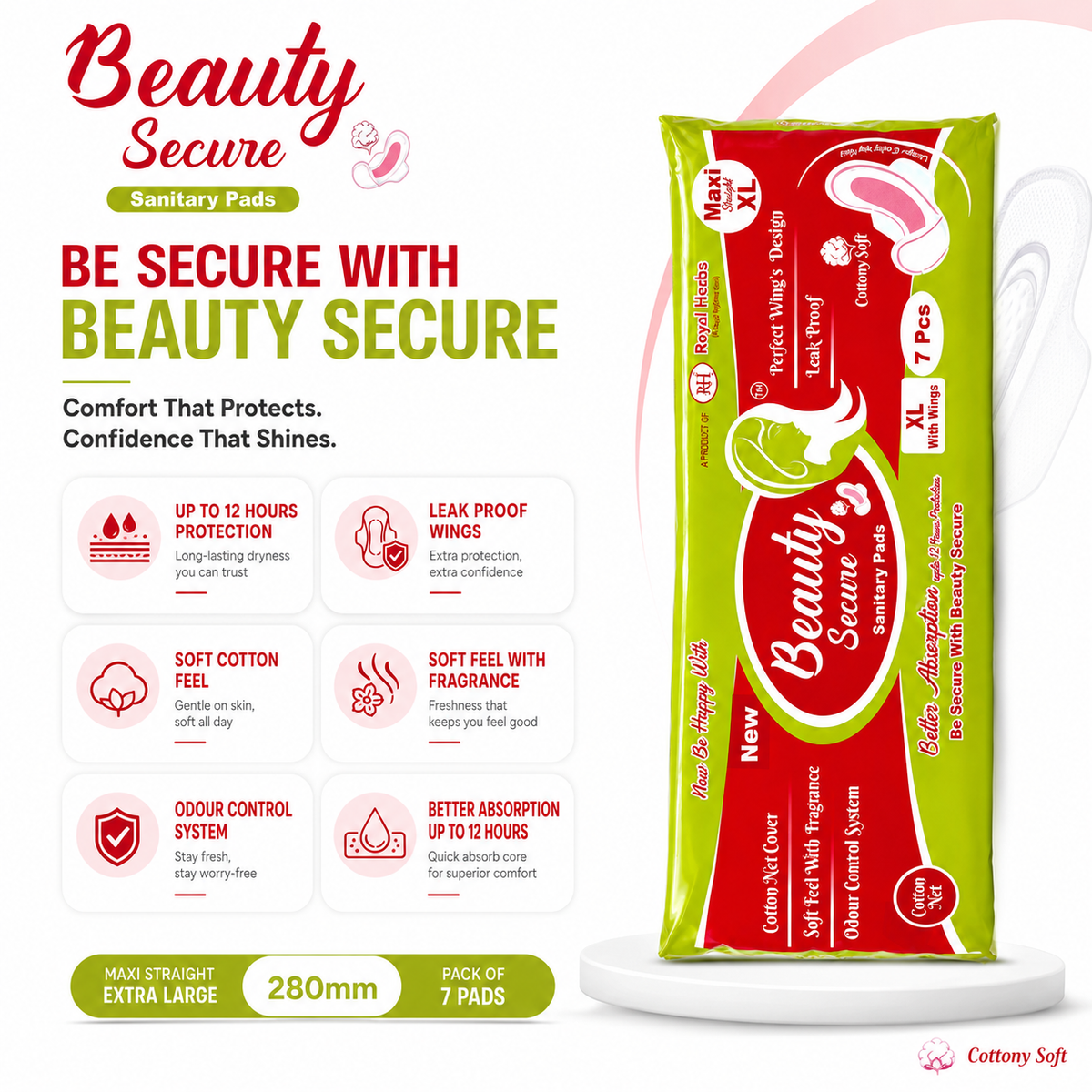 BeautySecure Sanitary Pads Maxi Straight Extra Large 280mm with Wings | Cotton Net Cover | Soft Feel with Fragrance | Odor Control System | Leak Proof | Up to 12 Hours Protection | Pack of 7 Pads
