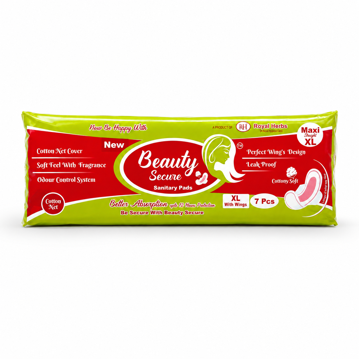 BeautySecure Sanitary Pads Maxi Straight Extra Large 280mm with Wings | Cotton Net Cover | Soft Feel with Fragrance | Odor Control System | Leak Proof | Up to 12 Hours Protection | Pack of 7 Pads