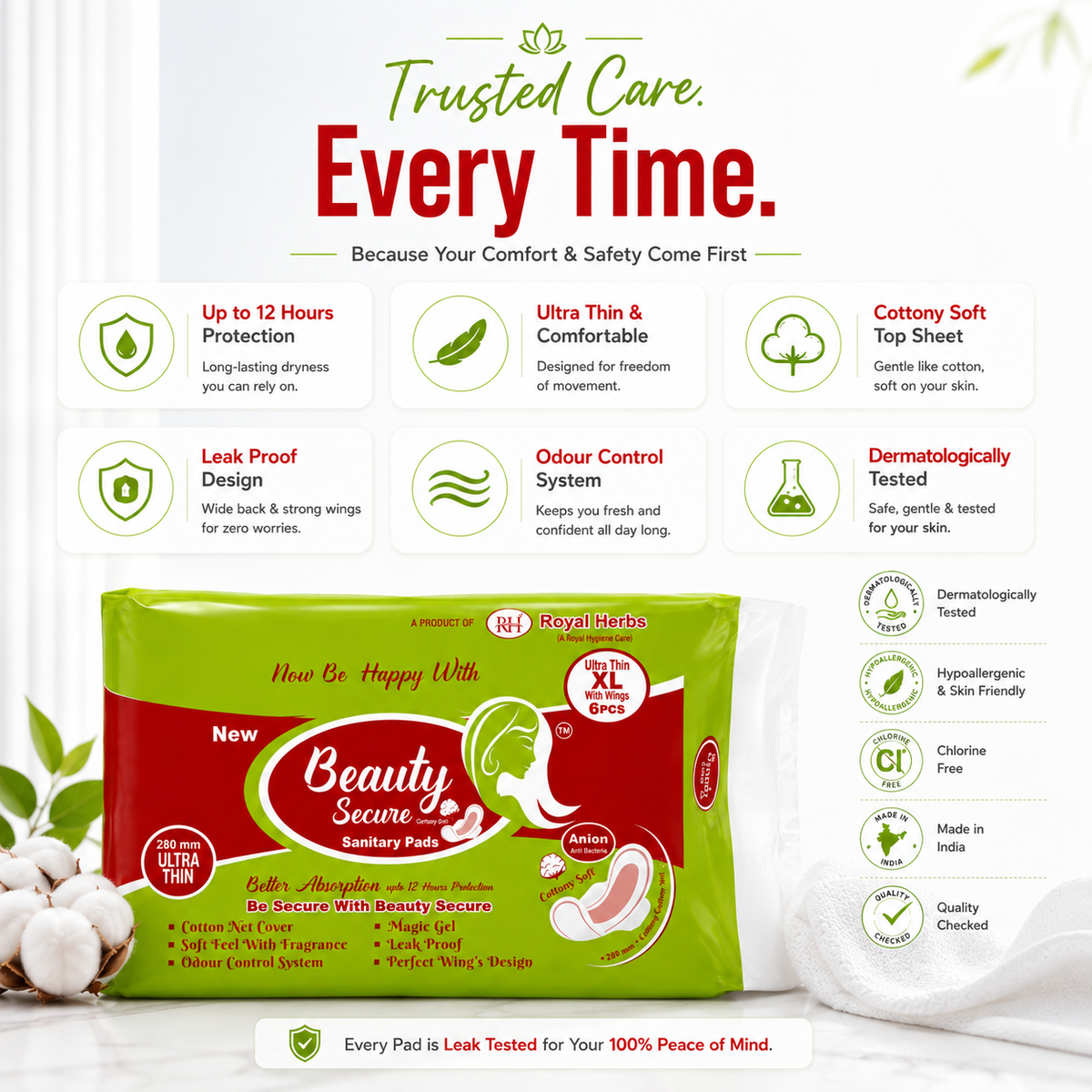 BeautySecure Ultra Thin Sanitary Pads XL 280mm with Wings | Cotton Net Cover | Soft Feel with Fragrance | Odor Control System | Leak Proof | Up to 12 Hours Protection | Pack of 6 Pads