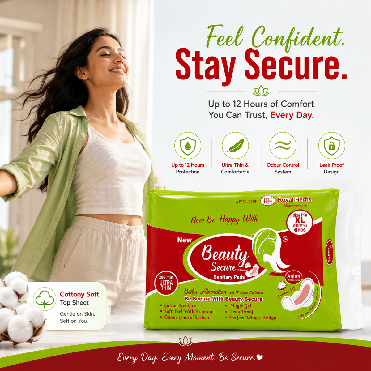BeautySecure Ultra Thin Sanitary Pads XL 280mm with Wings | Cotton Net Cover | Soft Feel with Fragrance | Odor Control System | Leak Proof | Up to 12 Hours Protection | Pack of 6 Pads