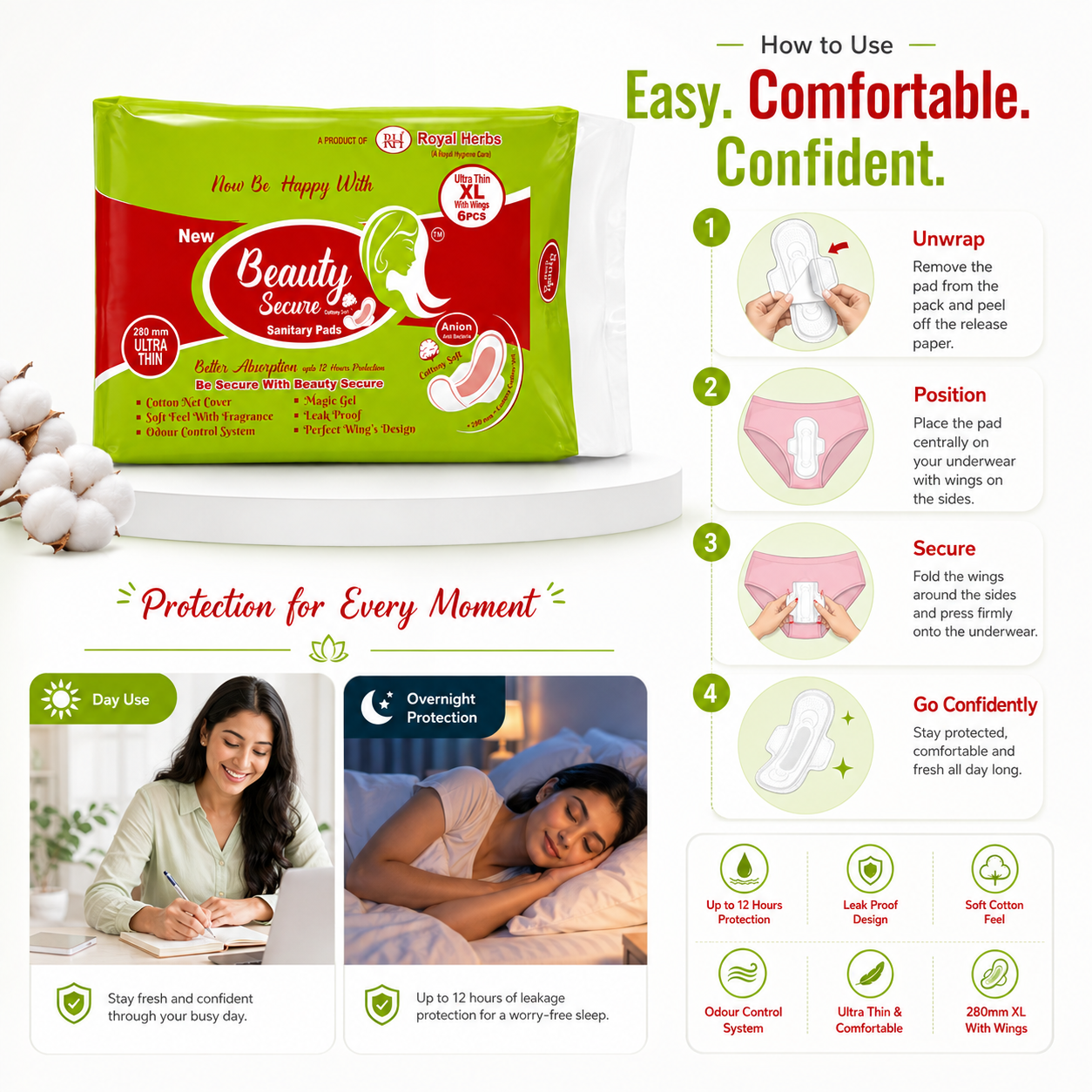 BeautySecure Ultra Thin Sanitary Pads XL 280mm with Wings | Cotton Net Cover | Soft Feel with Fragrance | Odor Control System | Leak Proof | Up to 12 Hours Protection | Pack of 6 Pads
