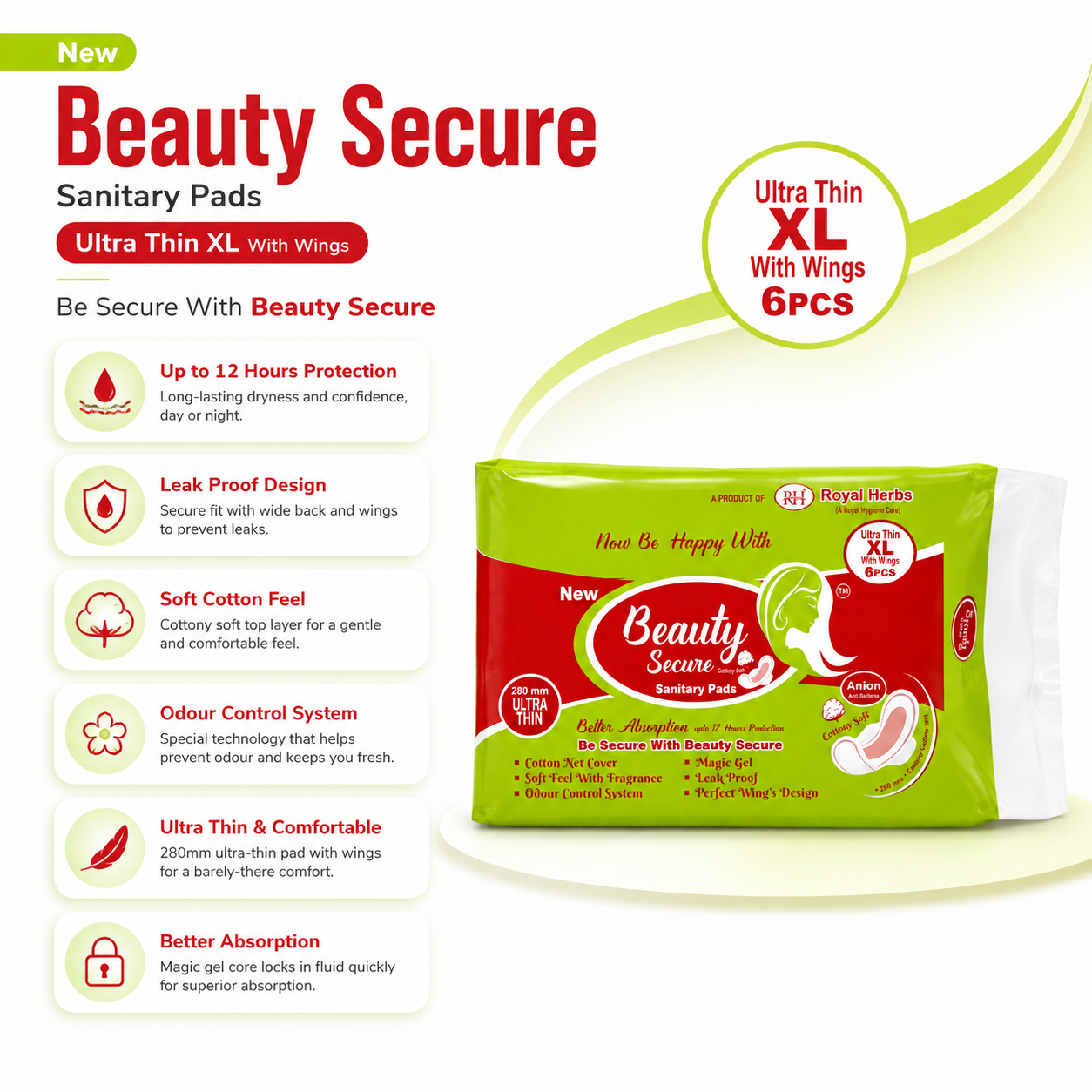 BeautySecure Ultra Thin Sanitary Pads XL 280mm with Wings | Cotton Net Cover | Soft Feel with Fragrance | Odor Control System | Leak Proof | Up to 12 Hours Protection | Pack of 6 Pads
