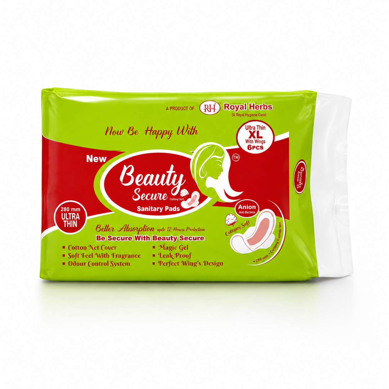 BeautySecure Ultra Thin Sanitary Pads XL 280mm with Wings | Cotton Net Cover | Soft Feel with Fragrance | Odor Control System | Leak Proof | Up to 12 Hours Protection | Pack of 6 Pads