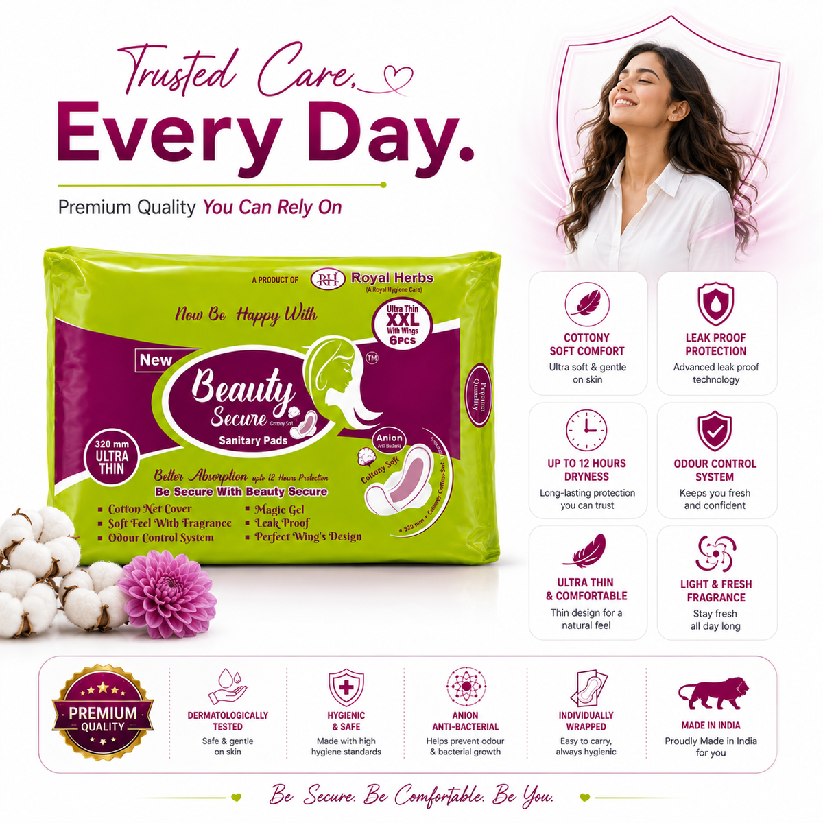 BeautySecure Ultra Thin Sanitary Pads XXL 320mm with Wings | Cotton Net Cover | Soft Feel with Fragrance | Odor Control System | Leak Proof | Up to 12 Hours Protection | Pack of 6 Pads