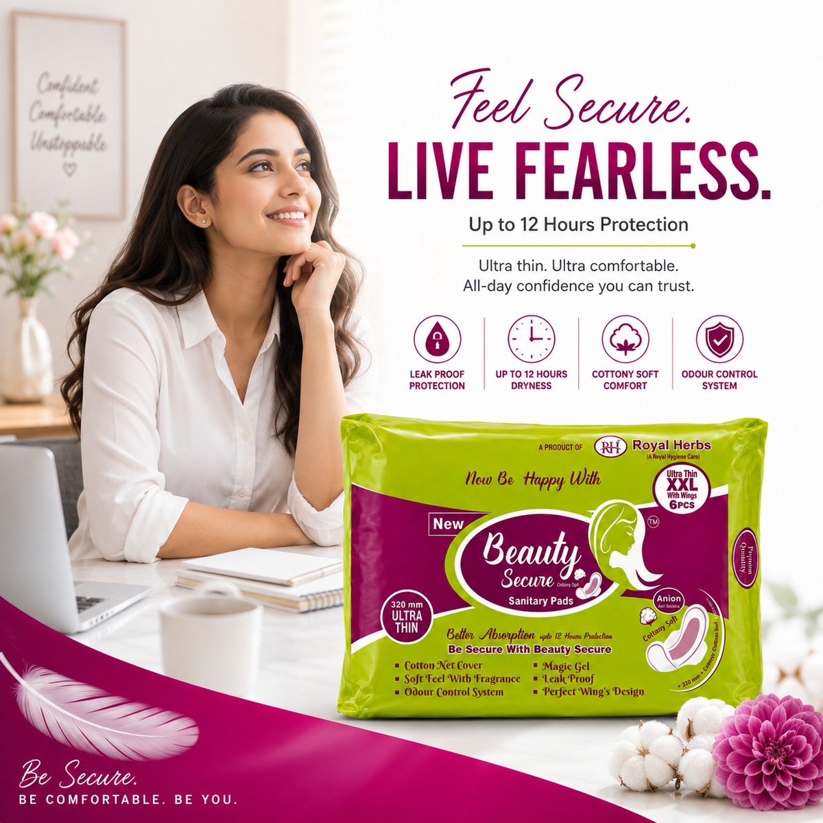 BeautySecure Ultra Thin Sanitary Pads XXL 320mm with Wings | Cotton Net Cover | Soft Feel with Fragrance | Odor Control System | Leak Proof | Up to 12 Hours Protection | Pack of 6 Pads