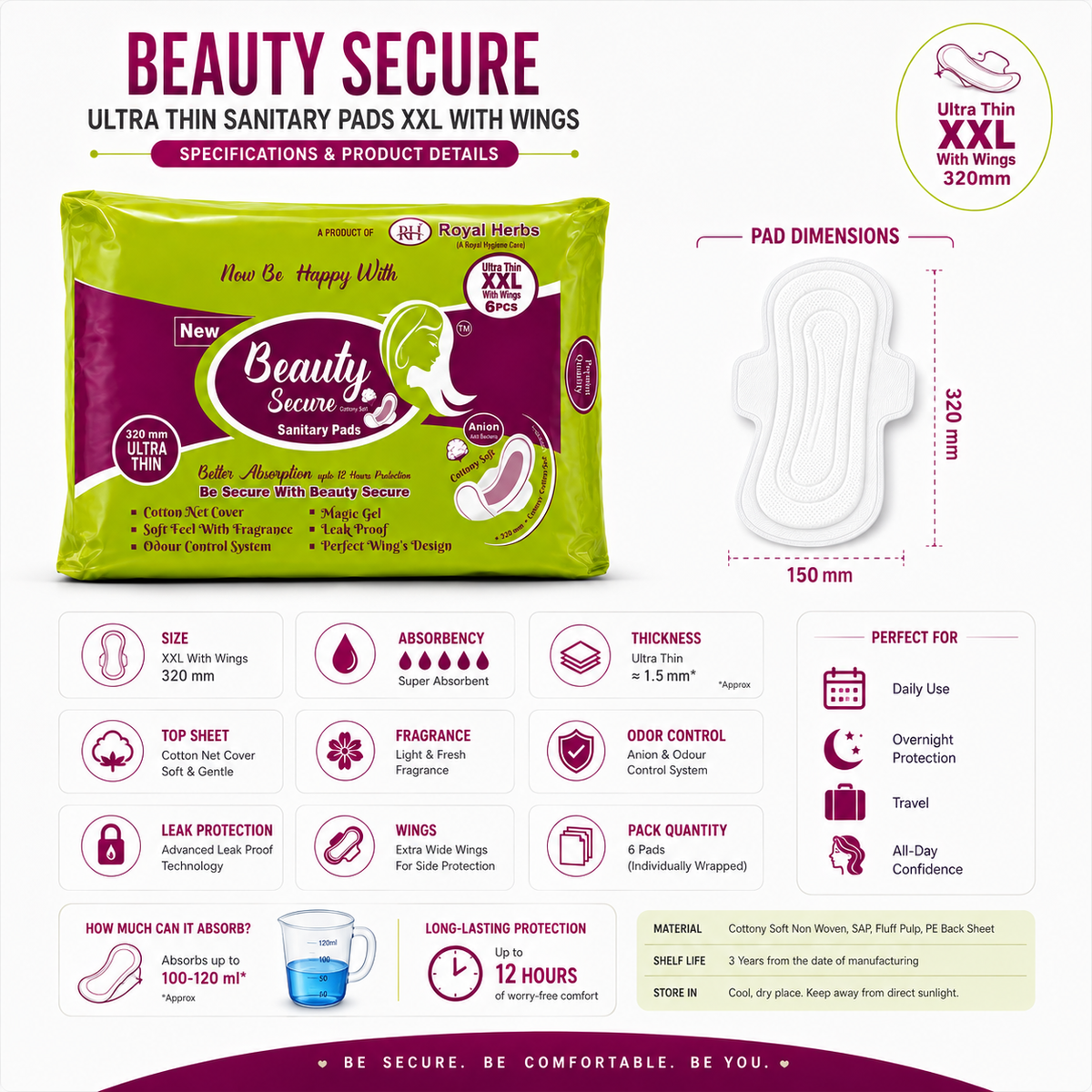 BeautySecure Ultra Thin Sanitary Pads XXL 320mm with Wings | Cotton Net Cover | Soft Feel with Fragrance | Odor Control System | Leak Proof | Up to 12 Hours Protection | Pack of 6 Pads