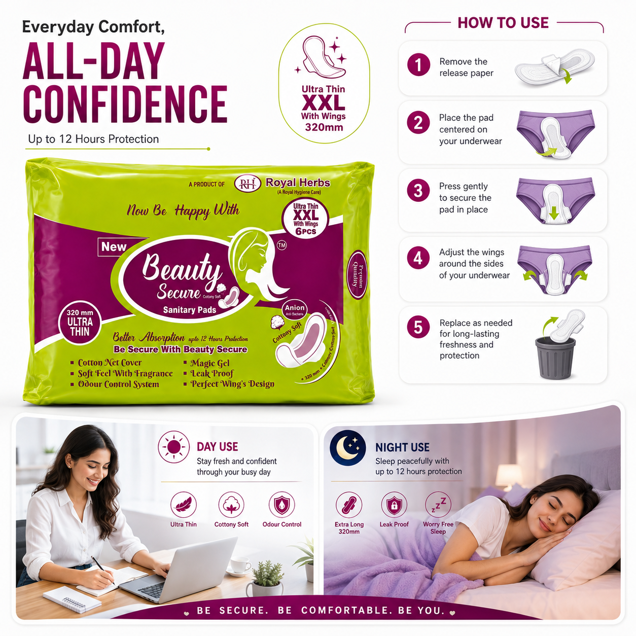 BeautySecure Ultra Thin Sanitary Pads XXL 320mm with Wings | Cotton Net Cover | Soft Feel with Fragrance | Odor Control System | Leak Proof | Up to 12 Hours Protection | Pack of 6 Pads
