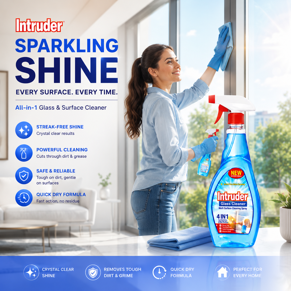 Intruder Glass & Surface Cleaner 500ml | For Sparkling Shine | All-in-1 Cleaner for Windows, Glass, Car Windshields, Laminates & More