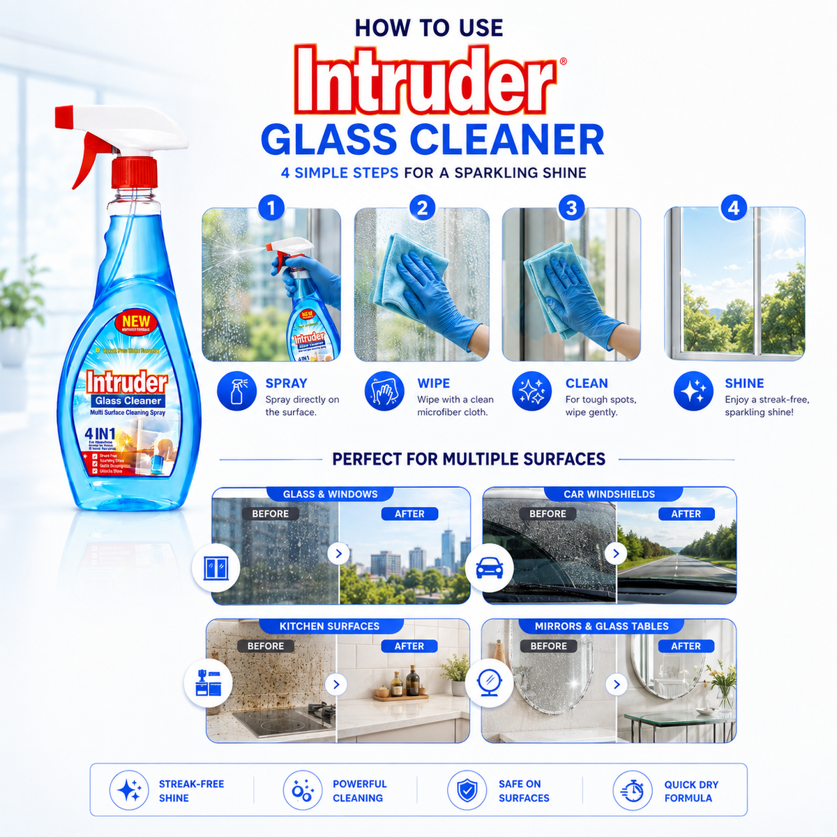 Intruder Glass & Surface Cleaner 500ml | For Sparkling Shine | All-in-1 Cleaner for Windows, Glass, Car Windshields, Laminates & More