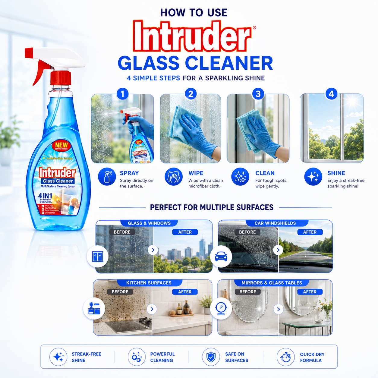 Intruder Glass & Surface Cleaner 500ml | For Sparkling Shine | All-in-1 Cleaner for Windows, Glass, Car Windshields, Laminates & More