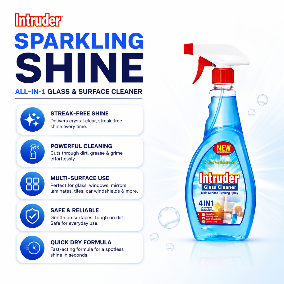 Intruder Glass & Surface Cleaner 500ml | For Sparkling Shine | All-in-1 Cleaner for Windows, Glass, Car Windshields, Laminates & More