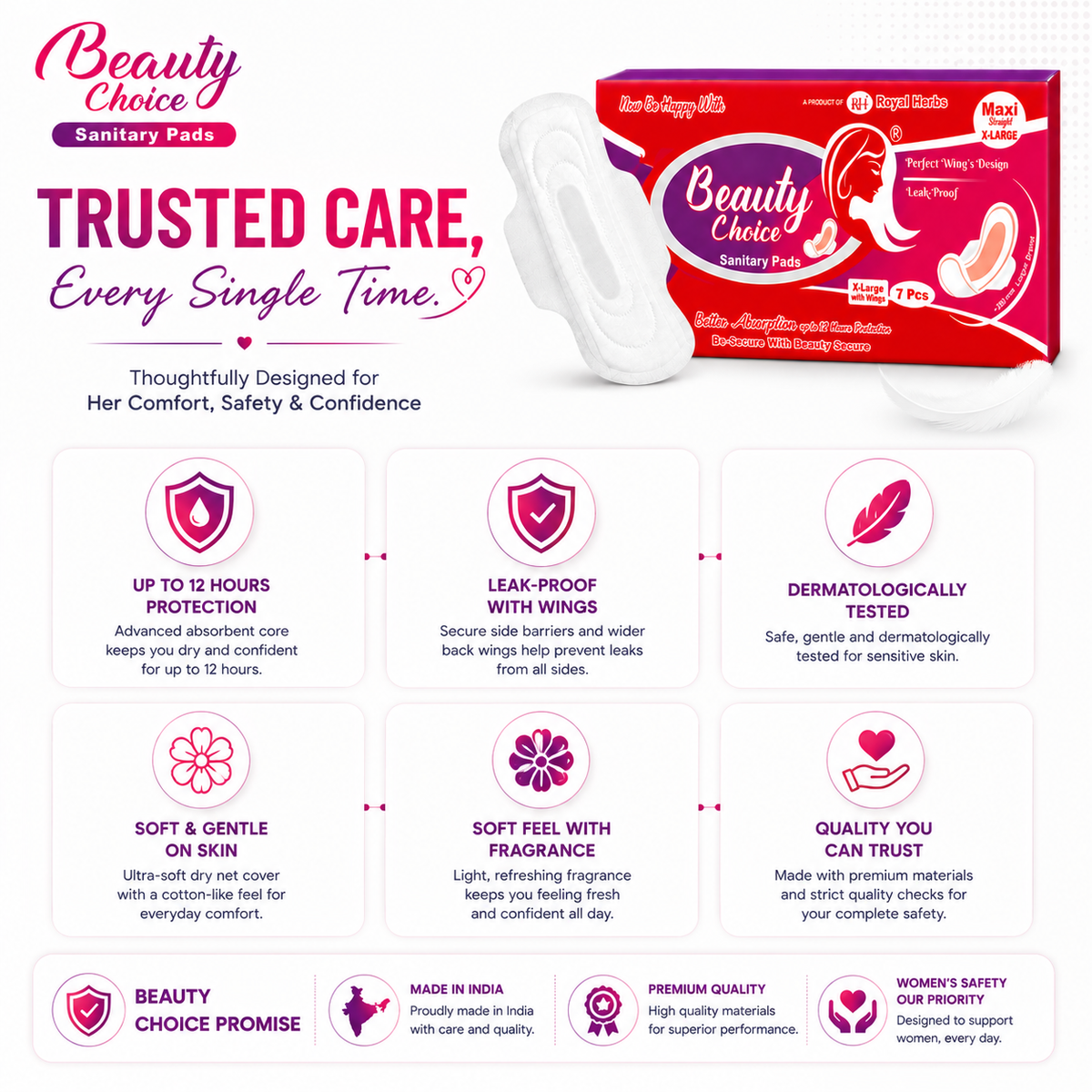 Beauty Choice Sanitary Pads Maxi Straight Extra Large 280mm with Wings | Dry Net Cover | Soft Feel with Fragrance | Odor Control System | Leak Proof | Up to 12 Hours Protection | Pack of 7 Pads