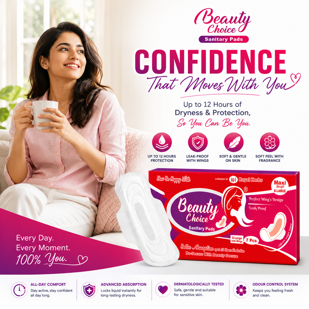 Beauty Choice Sanitary Pads Maxi Straight Extra Large 280mm with Wings | Dry Net Cover | Soft Feel with Fragrance | Odor Control System | Leak Proof | Up to 12 Hours Protection | Pack of 7 Pads