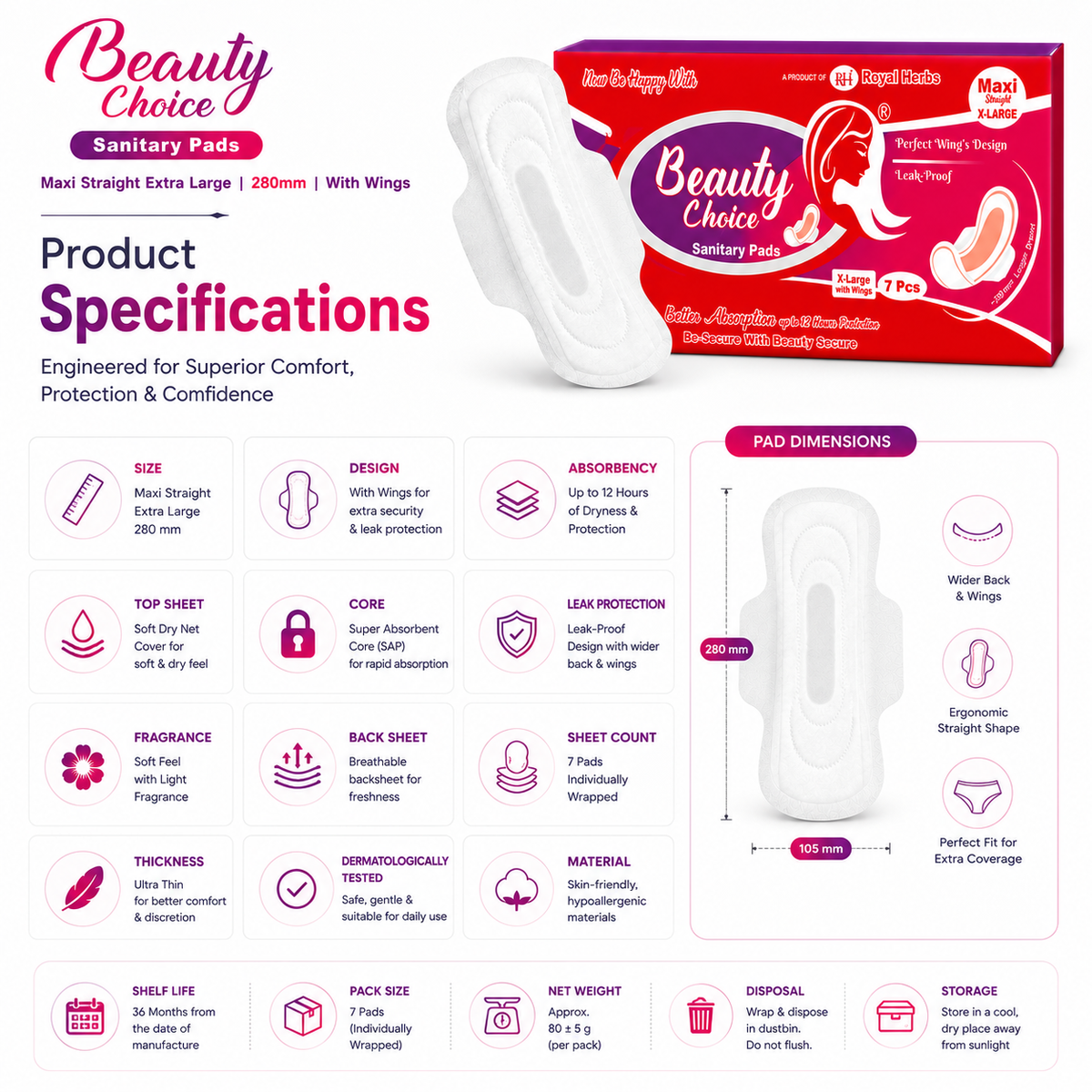 Beauty Choice Sanitary Pads Maxi Straight Extra Large 280mm with Wings | Dry Net Cover | Soft Feel with Fragrance | Odor Control System | Leak Proof | Up to 12 Hours Protection | Pack of 7 Pads