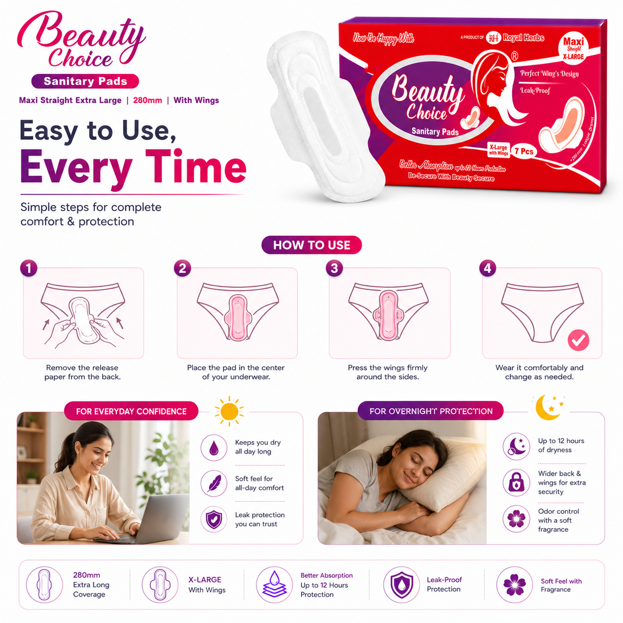 Beauty Choice Sanitary Pads Maxi Straight Extra Large 280mm with Wings | Dry Net Cover | Soft Feel with Fragrance | Odor Control System | Leak Proof | Up to 12 Hours Protection | Pack of 7 Pads