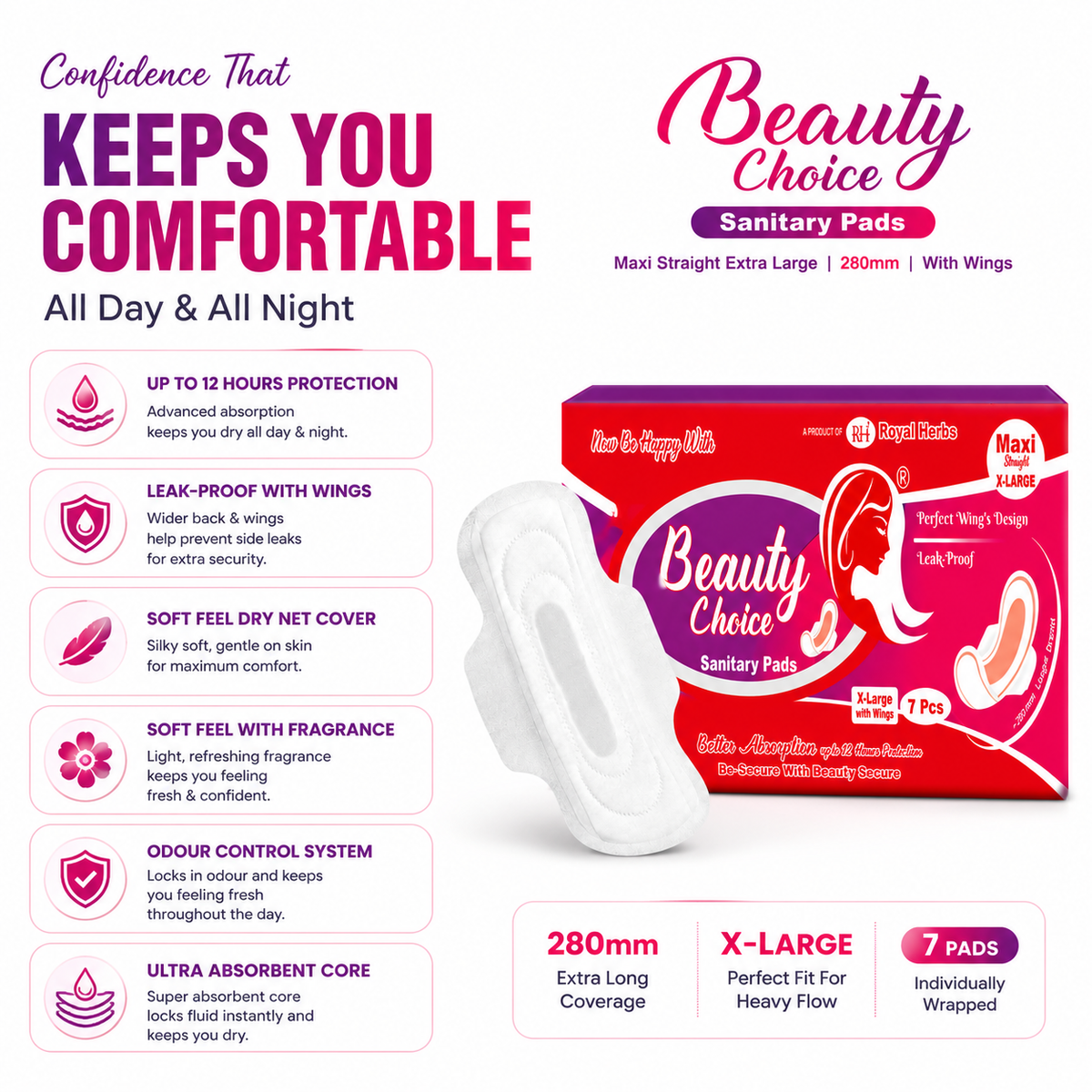 Beauty Choice Sanitary Pads Maxi Straight Extra Large 280mm with Wings | Dry Net Cover | Soft Feel with Fragrance | Odor Control System | Leak Proof | Up to 12 Hours Protection | Pack of 7 Pads