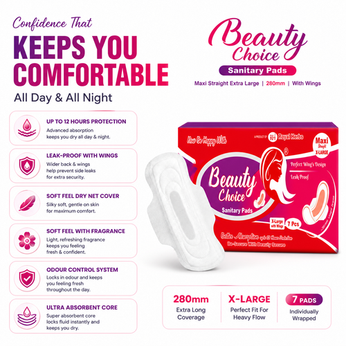 Beauty Choice Sanitary Pads Maxi Straight Extra Large 280mm with Wings | Dry Net Cover | Soft Feel with Fragrance | Odor Control System | Leak Proof | Up to 12 Hours Protection | Pack of 7 Pads