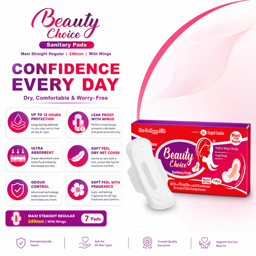 Beauty Choice Sanitary Pads Maxi Straight Regular 240mm with Wings | Dry Net Cover | Soft Feel with Fragrance | Odor Control | Up to 12 Hours Protection | Pack of 7 Pads