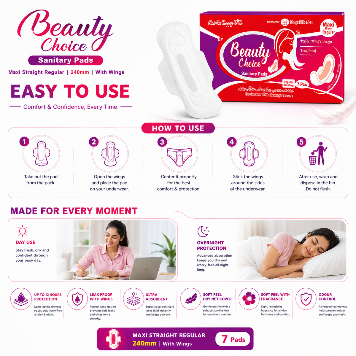 Beauty Choice Sanitary Pads Maxi Straight Regular 240mm with Wings | Dry Net Cover | Soft Feel with Fragrance | Odor Control | Up to 12 Hours Protection | Pack of 7 Pads