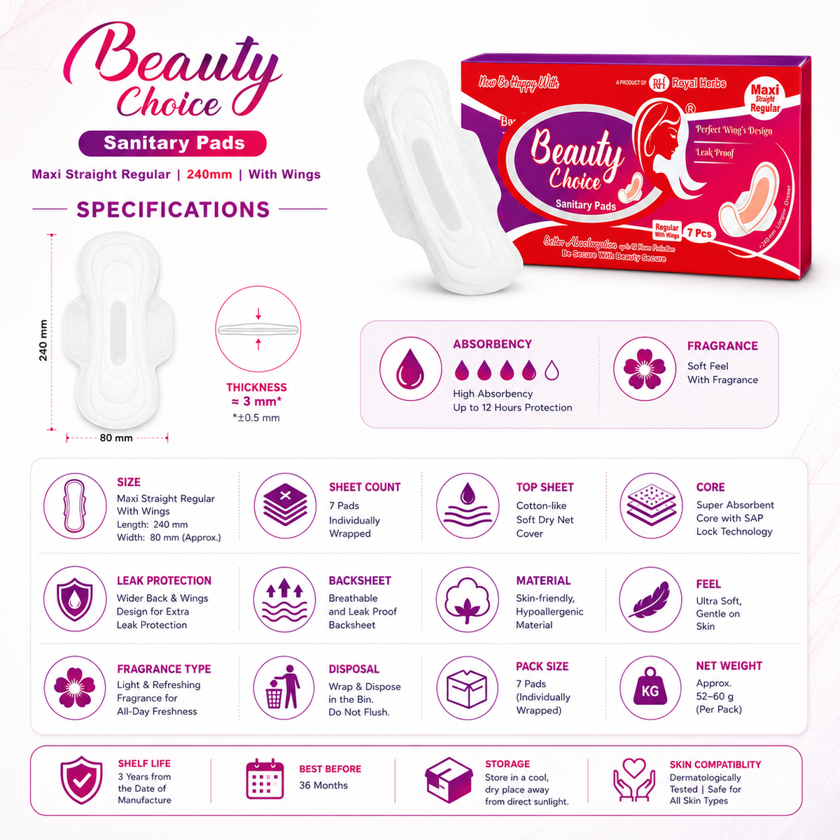 Beauty Choice Sanitary Pads Maxi Straight Regular 240mm with Wings | Dry Net Cover | Soft Feel with Fragrance | Odor Control | Up to 12 Hours Protection | Pack of 7 Pads