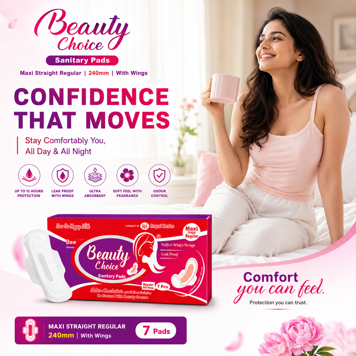 Beauty Choice Sanitary Pads Maxi Straight Regular 240mm with Wings | Dry Net Cover | Soft Feel with Fragrance | Odor Control | Up to 12 Hours Protection | Pack of 7 Pads