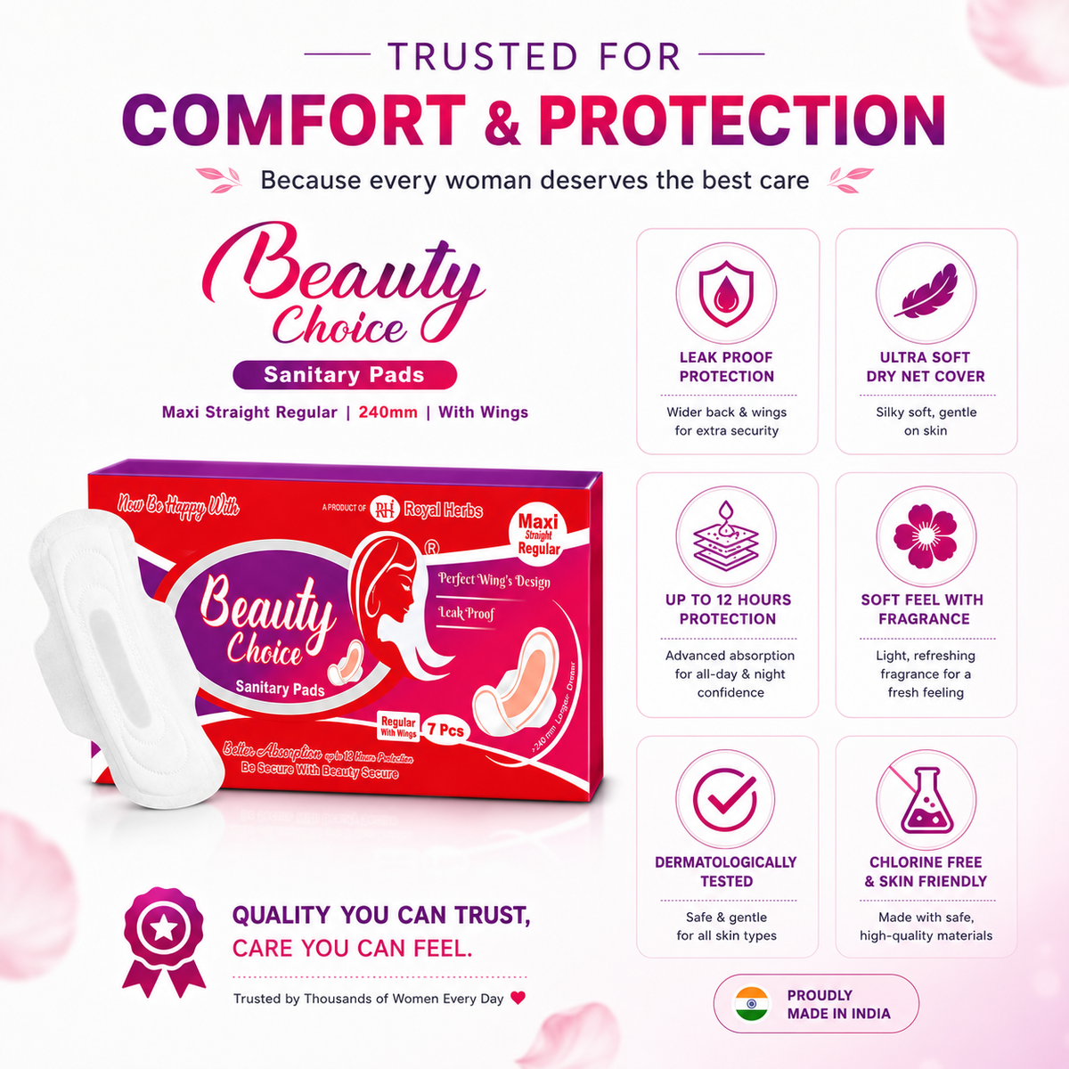 Beauty Choice Sanitary Pads Maxi Straight Regular 240mm with Wings | Dry Net Cover | Soft Feel with Fragrance | Odor Control | Up to 12 Hours Protection | Pack of 7 Pads