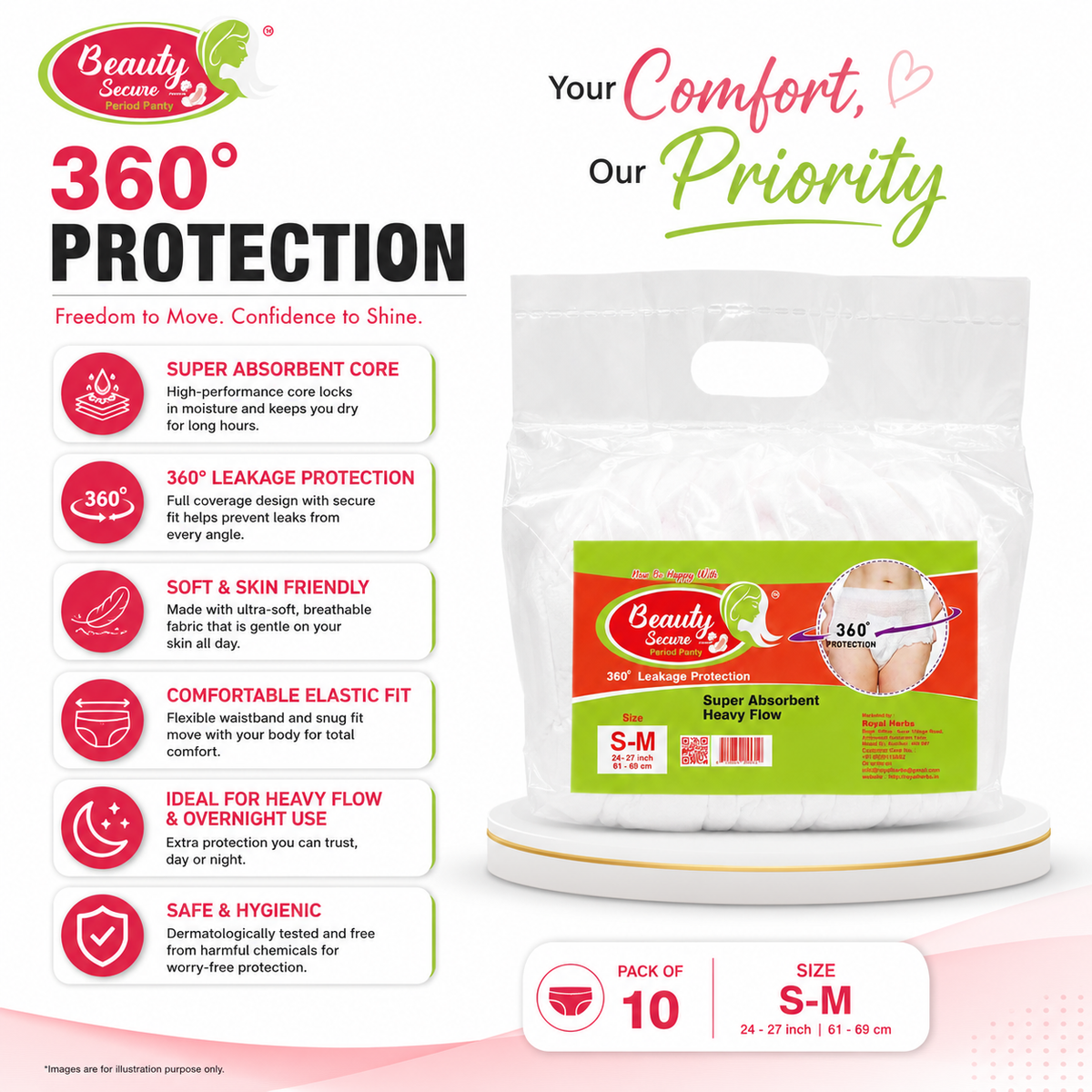 Beauty Secure Period Panty | 360° Protection | Super Absorbent Core | Soft & Skin Friendly Material | Comfortable Elastic Fit | Ideal for Heavy Flow & Overnight Use | Pack of 10