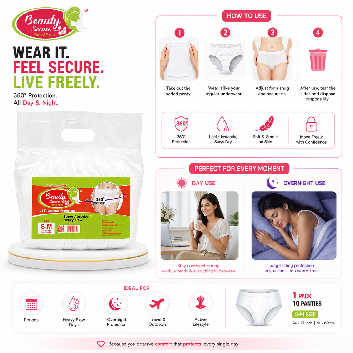 Beauty Secure Period Panty | 360° Protection | Super Absorbent Core | Soft & Skin Friendly Material | Comfortable Elastic Fit | Ideal for Heavy Flow & Overnight Use | Pack of 10