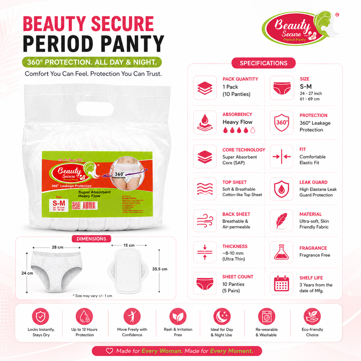 Beauty Secure Period Panty | 360° Protection | Super Absorbent Core | Soft & Skin Friendly Material | Comfortable Elastic Fit | Ideal for Heavy Flow & Overnight Use | Pack of 10