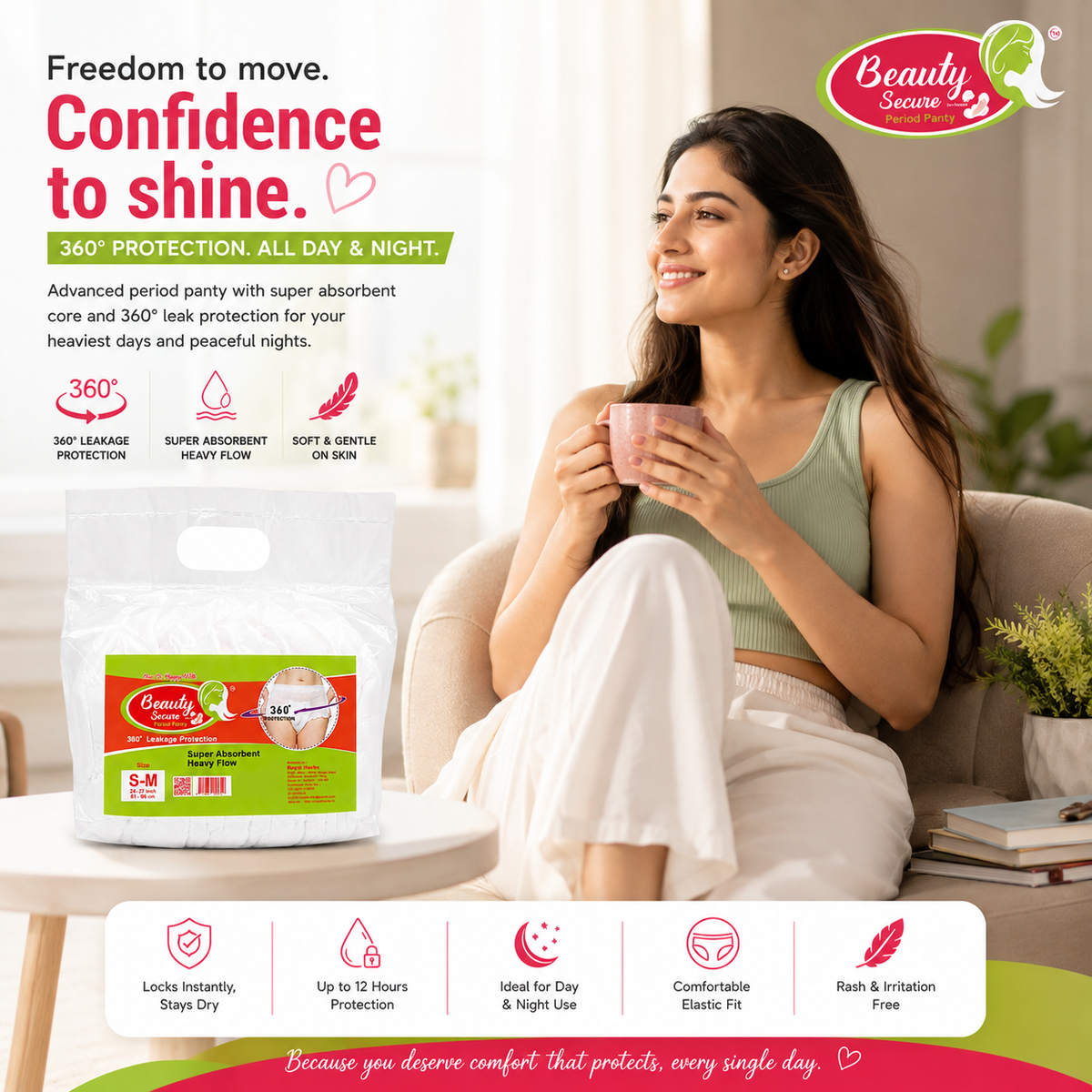 Beauty Secure Period Panty | 360° Protection | Super Absorbent Core | Soft & Skin Friendly Material | Comfortable Elastic Fit | Ideal for Heavy Flow & Overnight Use | Pack of 10