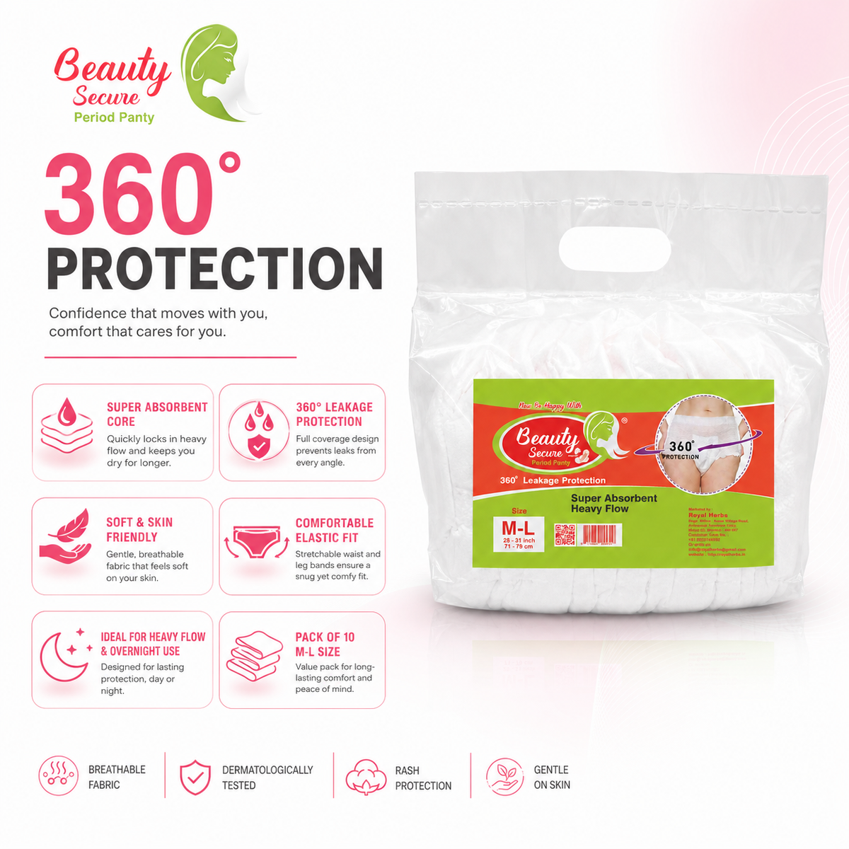 Beauty Secure Period Panty | 360° Protection | Super Absorbent Core | Soft & Skin Friendly Material | Comfortable Elastic Fit | Ideal for Heavy Flow & Overnight Use | Pack of 10