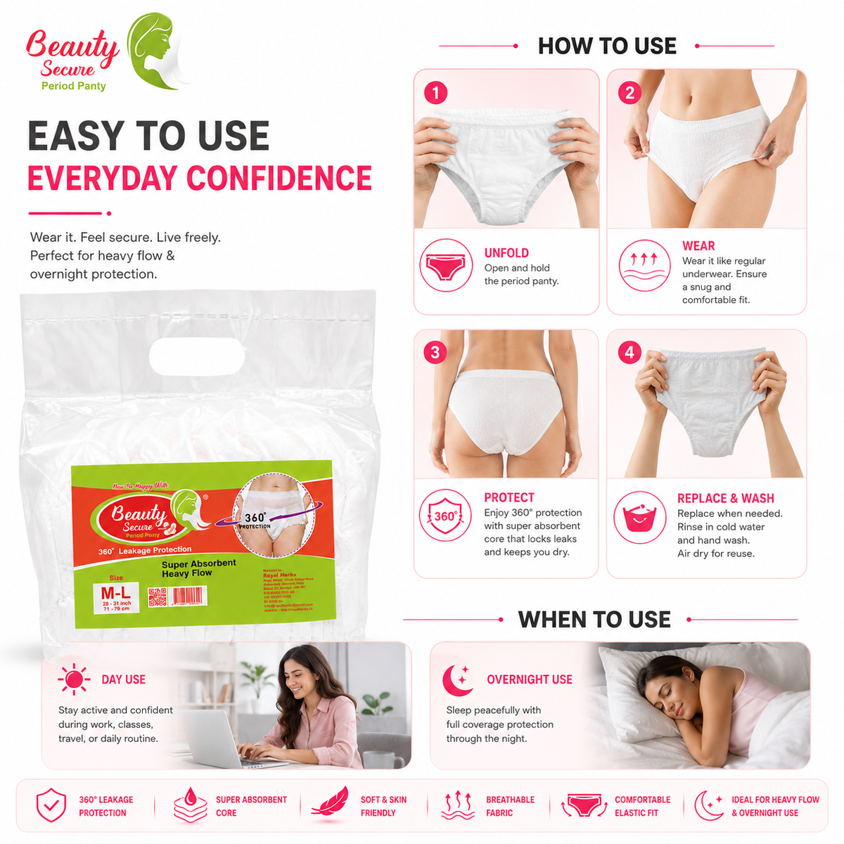 Beauty Secure Period Panty | 360° Protection | Super Absorbent Core | Soft & Skin Friendly Material | Comfortable Elastic Fit | Ideal for Heavy Flow & Overnight Use | Pack of 10