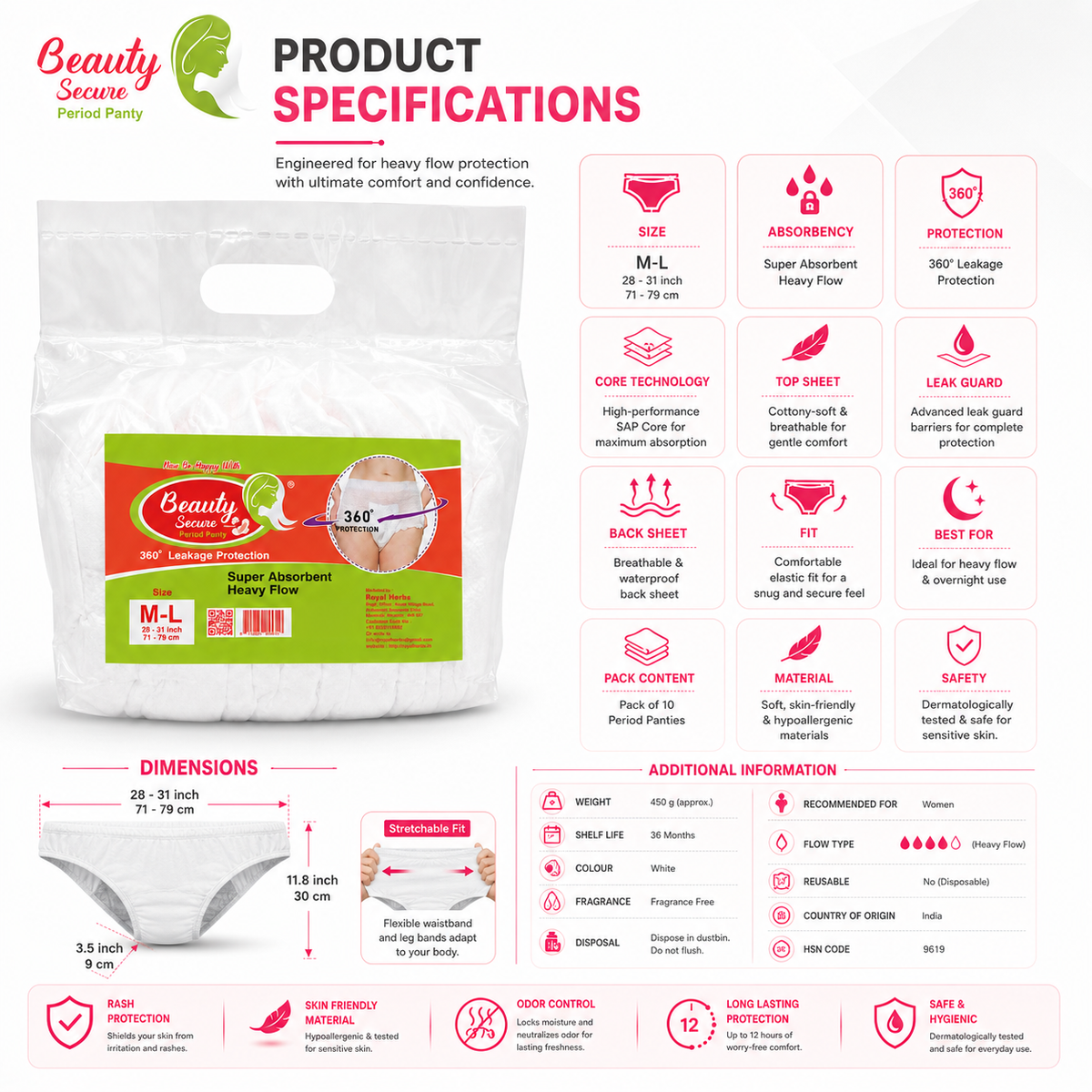 Beauty Secure Period Panty | 360° Protection | Super Absorbent Core | Soft & Skin Friendly Material | Comfortable Elastic Fit | Ideal for Heavy Flow & Overnight Use | Pack of 10