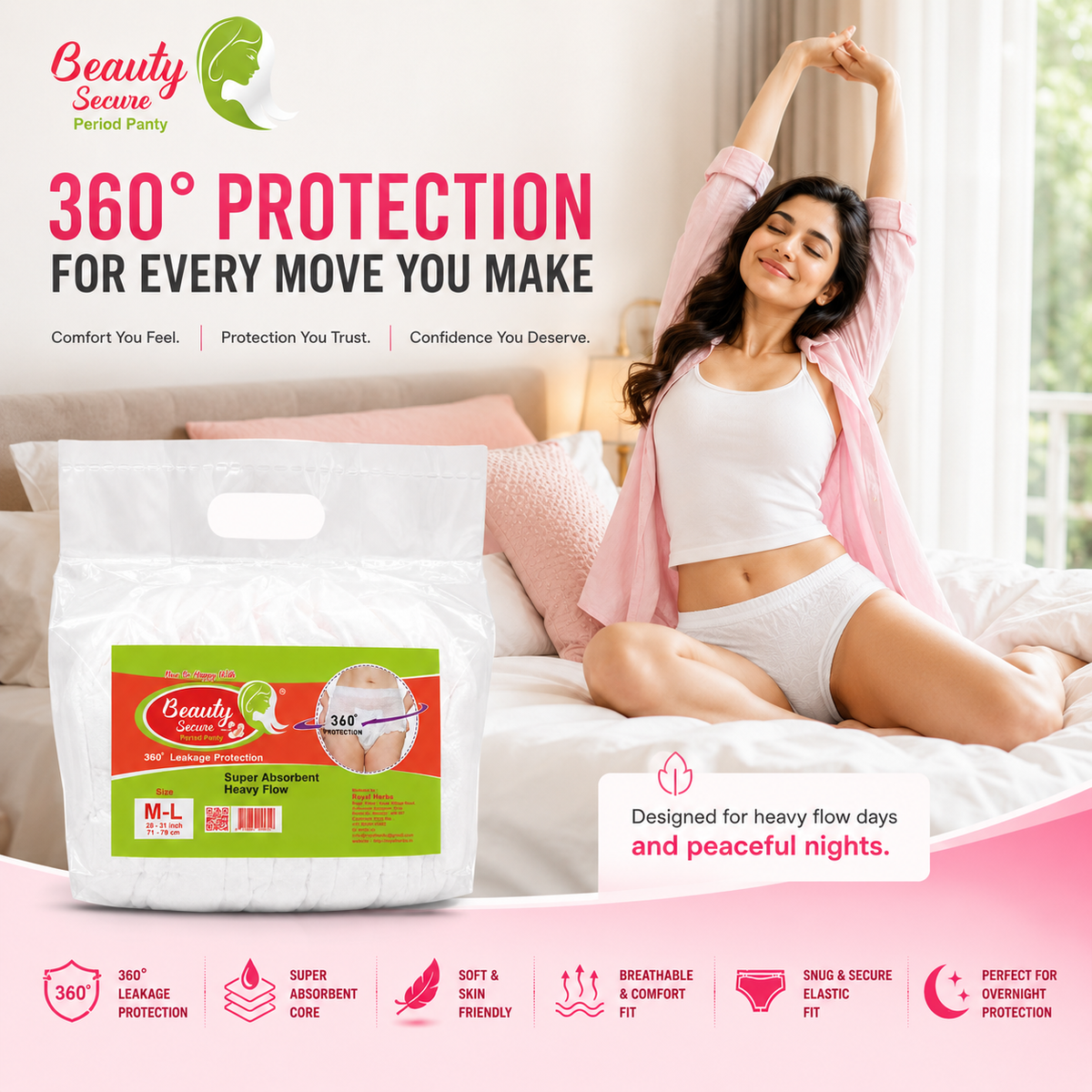 Beauty Secure Period Panty | 360° Protection | Super Absorbent Core | Soft & Skin Friendly Material | Comfortable Elastic Fit | Ideal for Heavy Flow & Overnight Use | Pack of 10